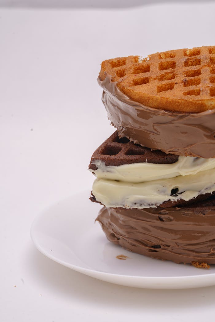 Close-up of a chocolate and vanilla ice cream sandwich made with waffles on a white plate.